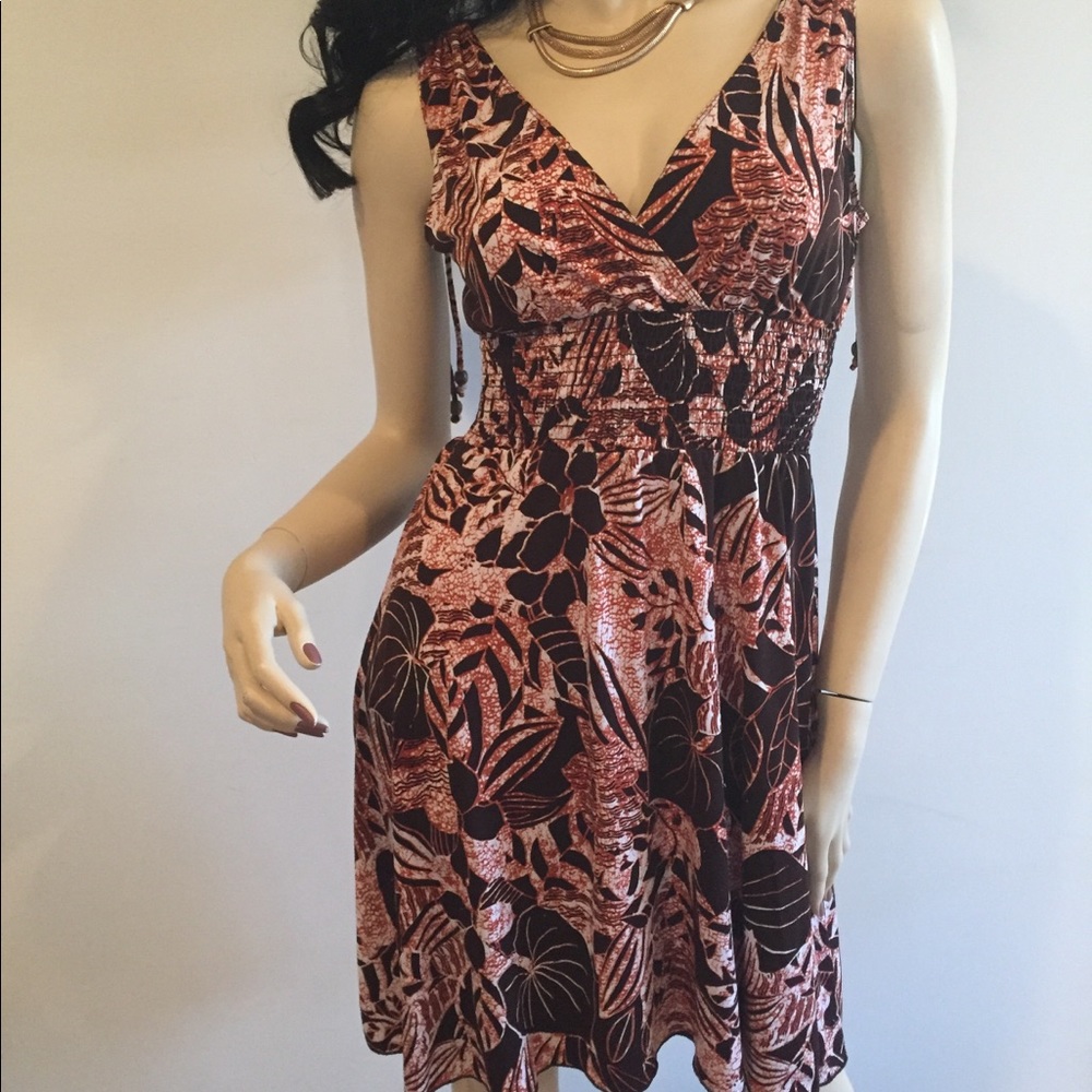 Orange and brown tropical print dress